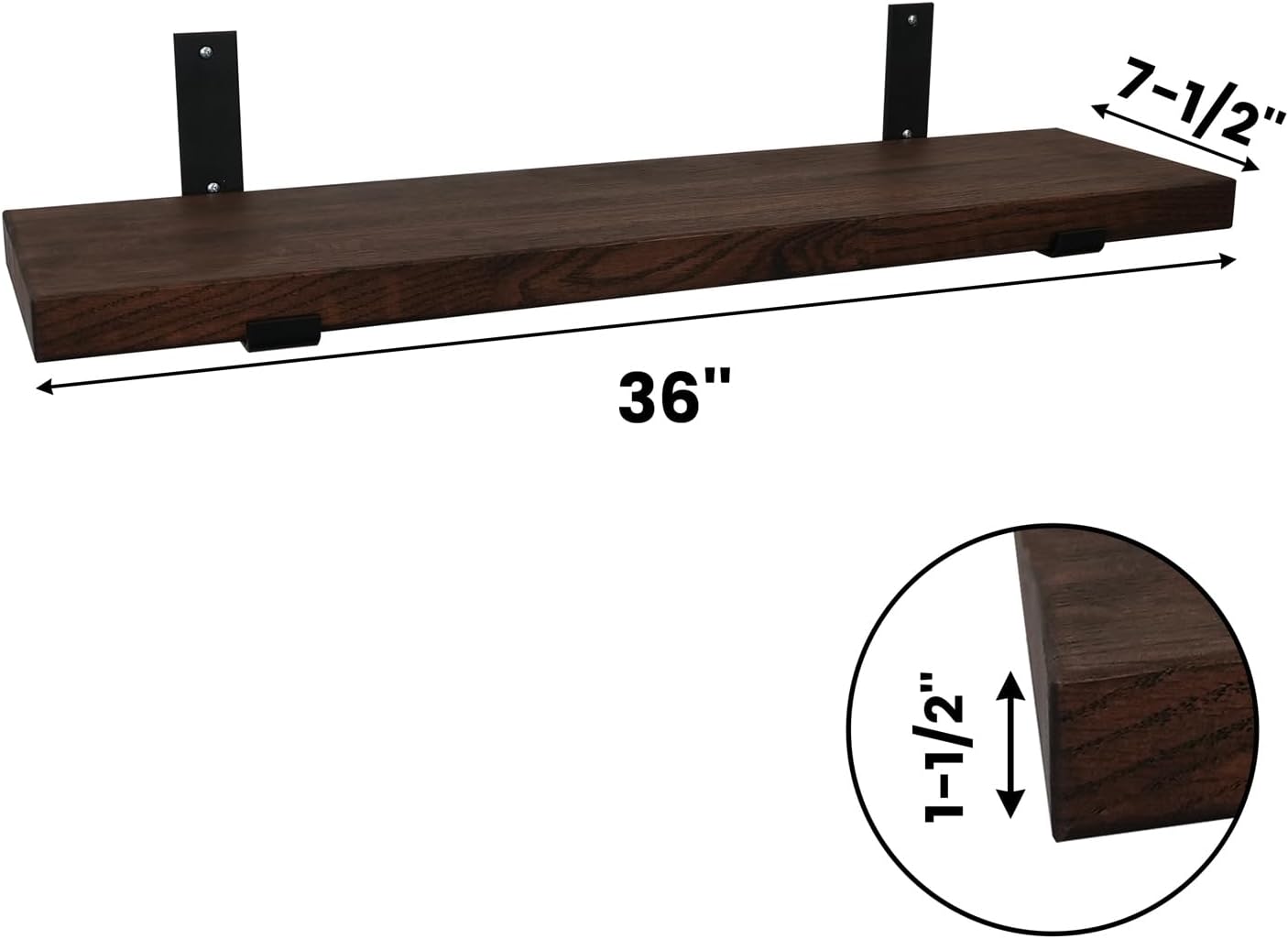 Floating Wall Shelf — USA Grown Solid Hardwood, Dark Oak, 36×7.5×1.5 in