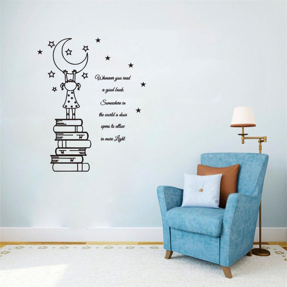 Reading Nook Vinyl Wall Art – Uplifting Book Quote for Kids’ Room, Library, or Study (Black-JZY008-Girl Book)