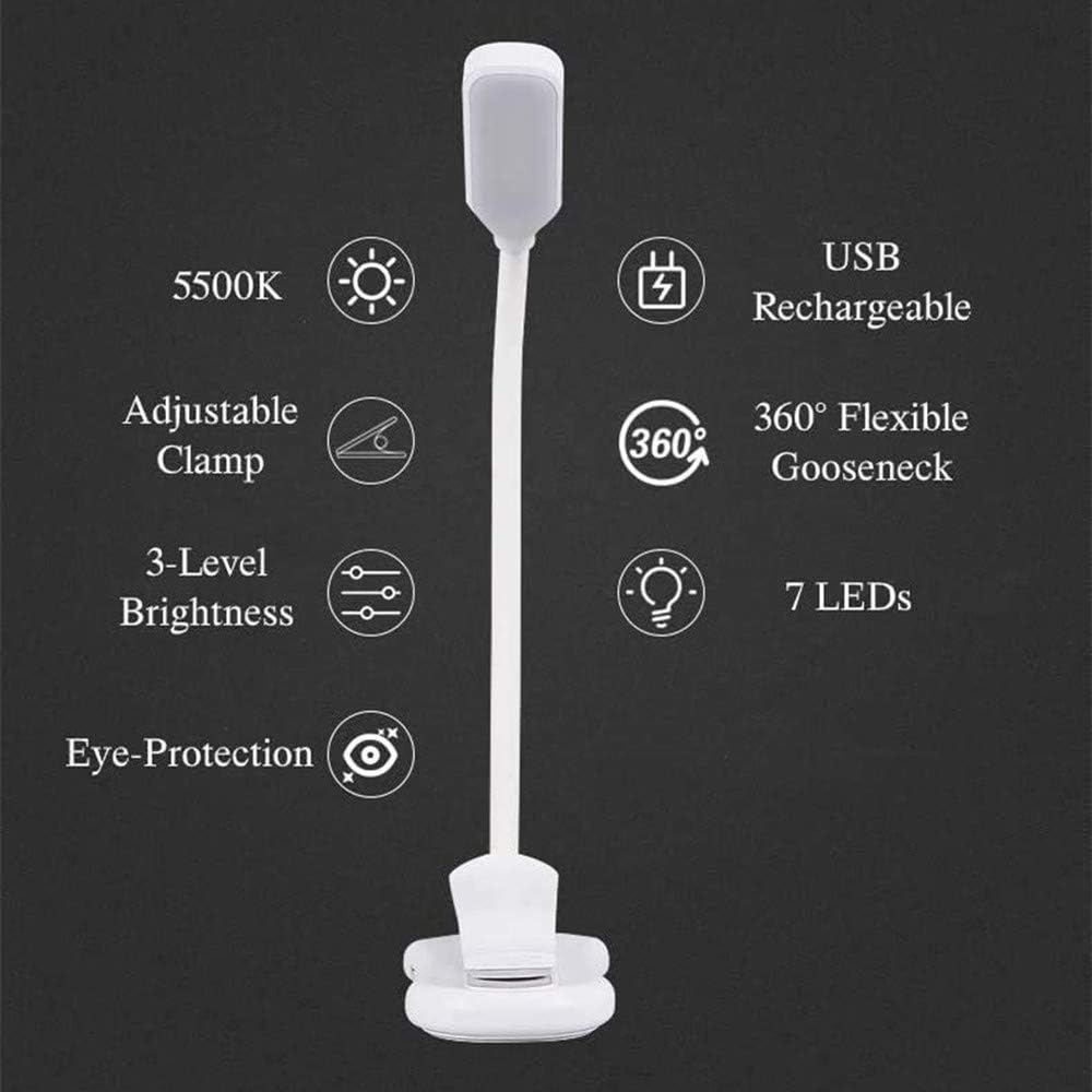 Clip On Book Reading Light for Bed, Clamp On Book Light with 5 LED Eye Care, 3 Color Changeable, Battery Operated USB Rechargeable Bendable Night Book Light Reading Lamps for Bed Study White