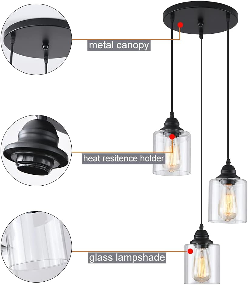 3 Lights Industrial Pendant Light with Glass Shade Matte Black Pendant Lighting Adjustable Industrial Retro Style Hanging Light,Kitchen Island Farmhouse Pendant Lights Fixtures for Kitchen,Farmhouse