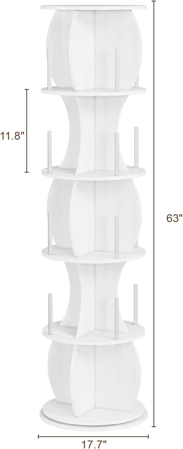 Rotating Bookshelf Tower, 5-Tier Spinning Book Shelf, 360° Revolving Bookcase, Freestanding Corner Bookshelf Organizer for Small Space, Wood Narrow Bookshelf for Living Room, White