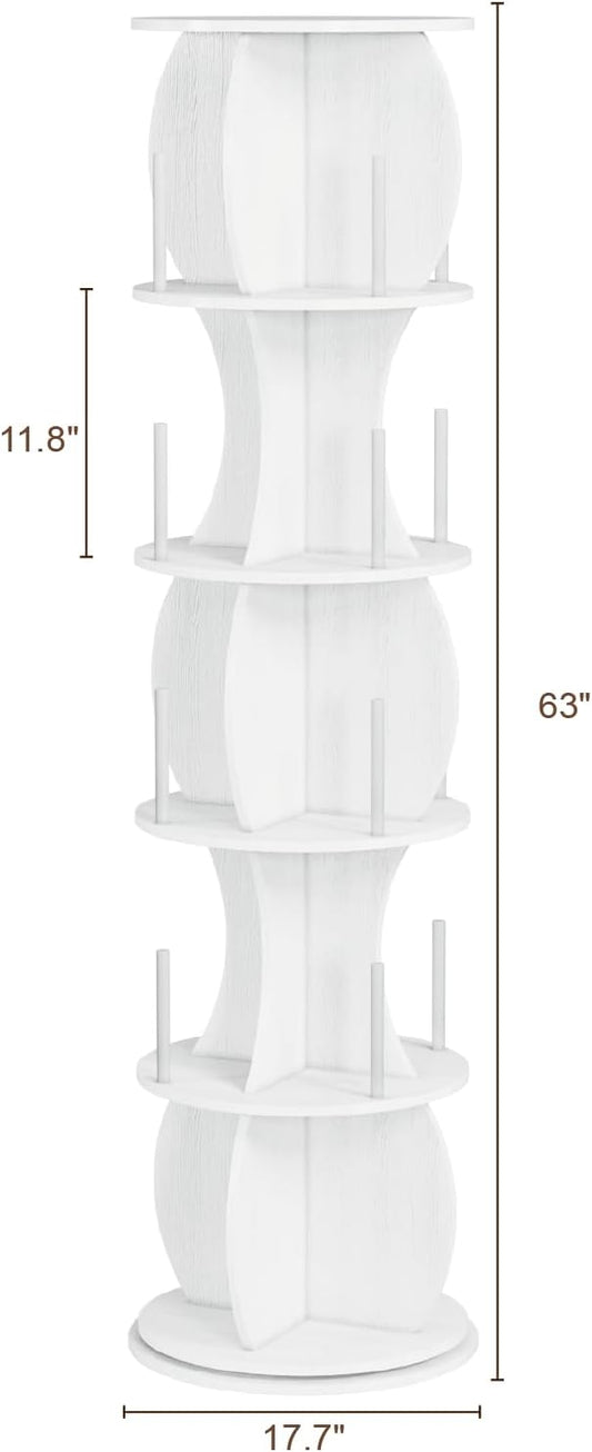 Rotating Bookshelf Tower, 5-Tier Spinning Book Shelf, 360° Revolving Bookcase, Freestanding Corner Bookshelf Organizer for Small Space, Wood Narrow Bookshelf for Living Room, White
