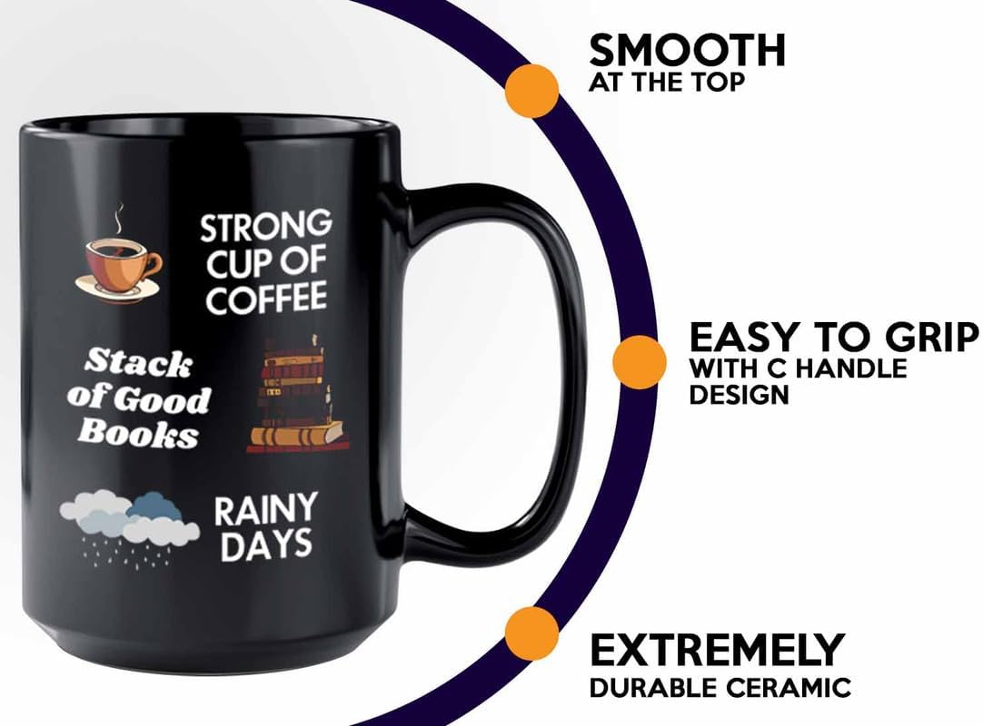 Reading Coffee Mug 15oz Black - Coffee Book Rainy Days - Reader Gift Bookworm Owl Lover Cat Lover Book Lover Novelist Librarian Writer