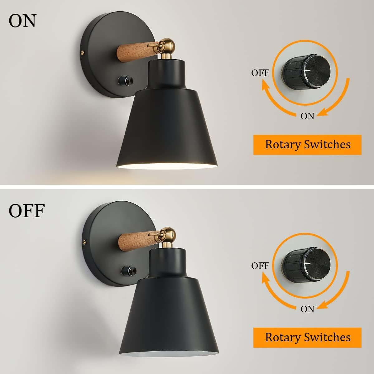 ClanKin Wall Sconces Lighting, Black Wood Style Wall Sconce Reading Lamp, Adjustable Wall Light for Bedroom Hallway Living Room (1 Pack, Black Hard-Wired)