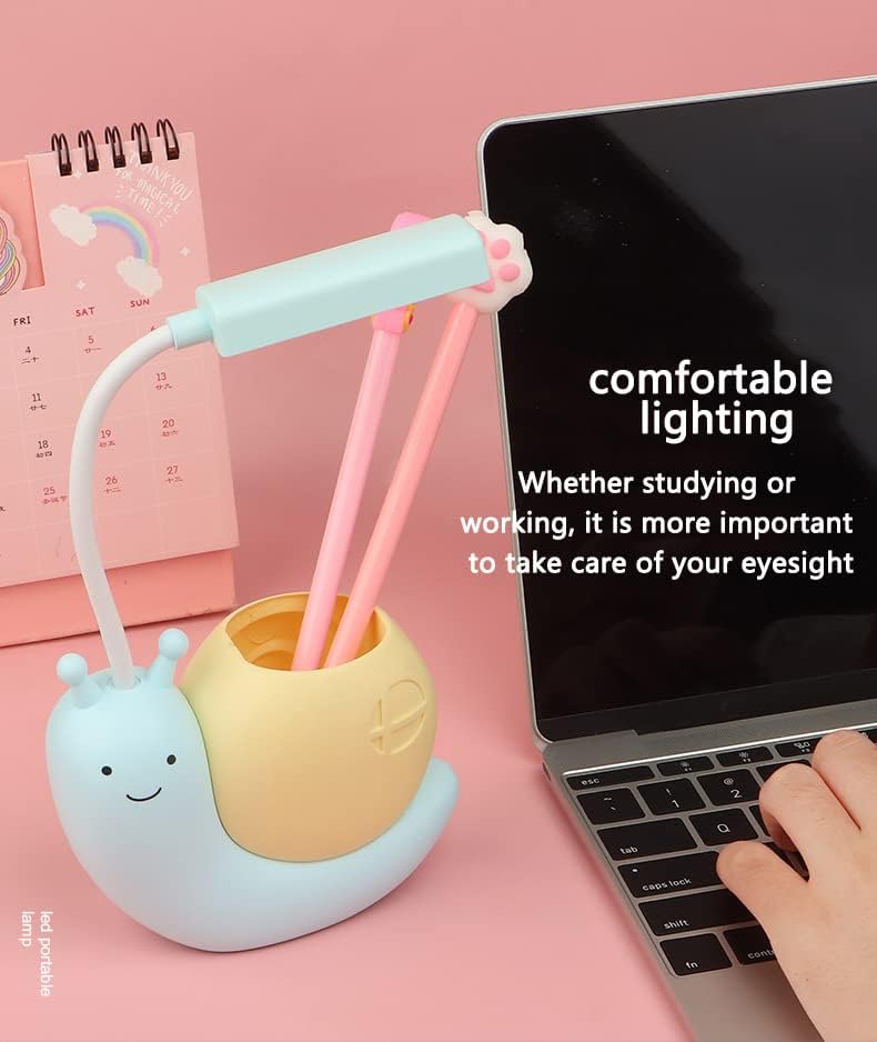 Cute Kids Lamp with Pen Holder,LED Desk Lamp for Child,Snail Shape USB Charging Student Learning Eye Protection Lamp with 360° Bendable Adjustable Neck Pink