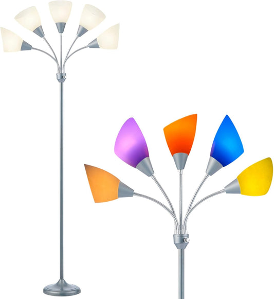 Medusa Floor Lamp, Multi Head 5 Light Floor Lamps for Living Room with 10 Lampshade, Adjustable Neck Reading Standing Lamp for Bedroom,Office,Kids,Classroom (Sliver)