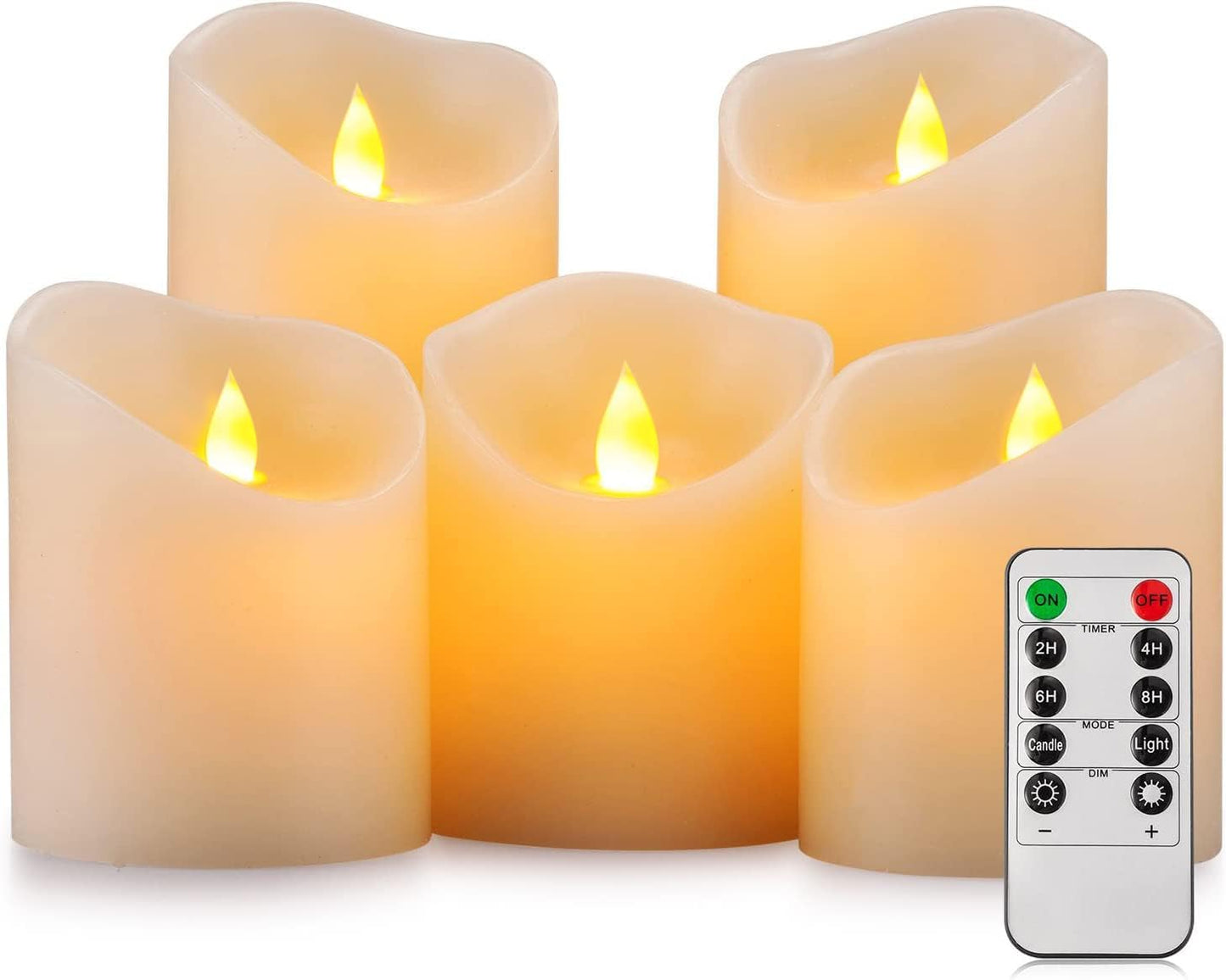 Flameless Candles, Flickering Moving Flame LED Candles Set of 5 (Size: D: 3" x H: 4"/4"/4"/6"/6") Pillar Realistic Real Wax Battery Operated Candles with Remote Control 2 4 6 8 Hours Timer