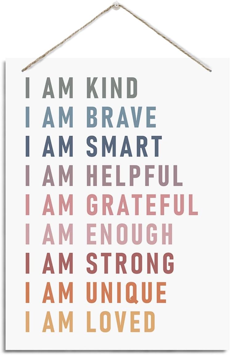 Inspirational Self Affirmations Wood Plaque - Rustic Hanging Art for Classroom, Bedroom & Playroom - Motivational Gift: I Am Kind, Brave & Smart