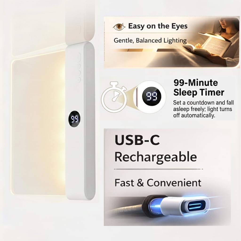 Book Light for Night Reading, Rechargeable Flat Page Light with Even Illumination & Eye-Friendly Dimming, Protective Scratch-Free Pouch Included, Portable Lamp for Bed, Airplane & Travel (white)