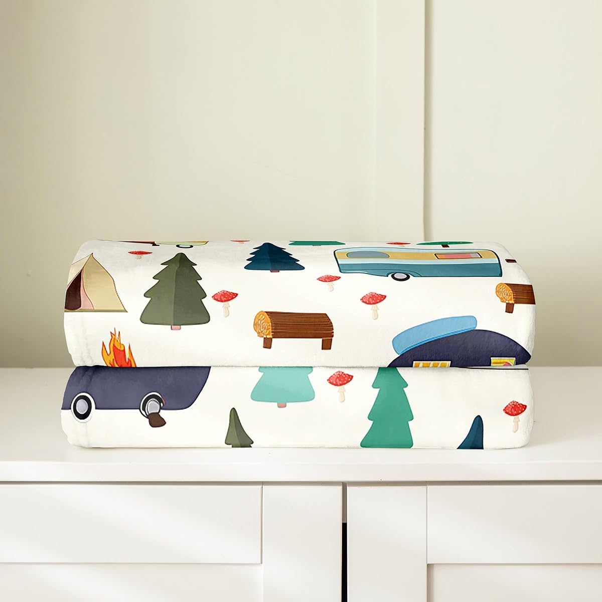 Feelyou Colorful Camper All Season,Bed Blanket Happy Camping Plush Throw Blanket, for Sofa Couch Kids RV Camping Flannel Fleece Blanket Cartoon Camping Car Farmhouse Trailers Camper Throw 50"x60"