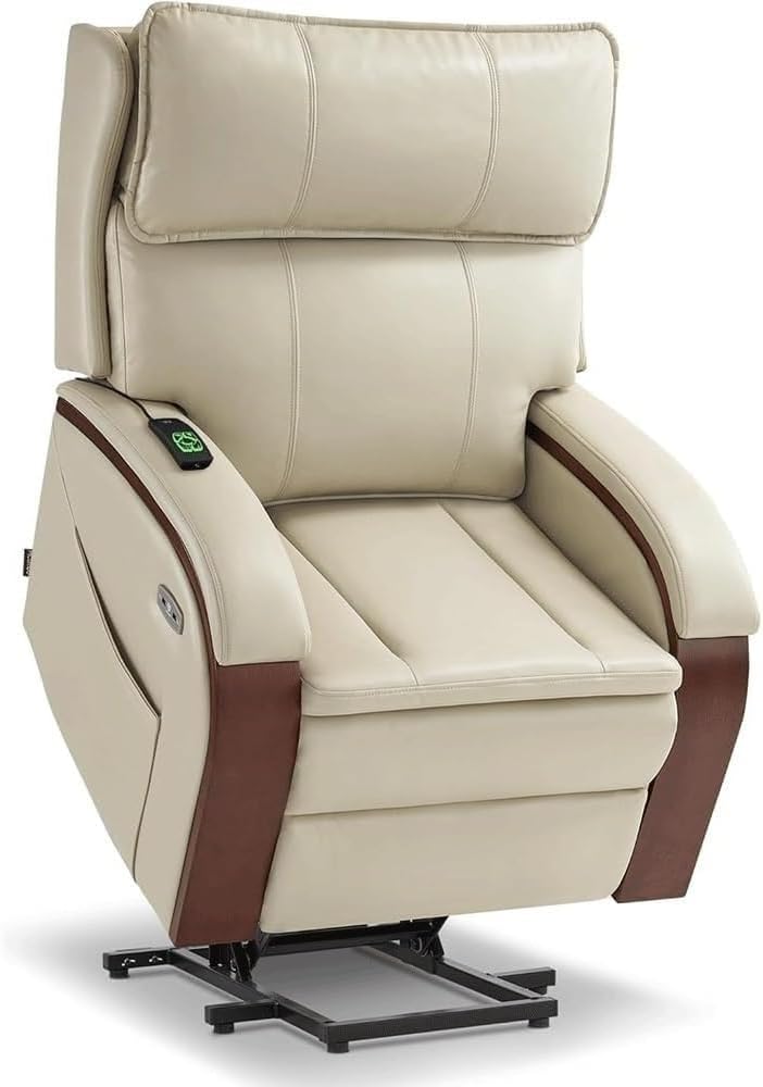 Power Lift Recliner Chair, Solid Wood Armrests, Electric Stand Assist Sofa with Massage & Heat for Elderly, Living Room Reclining Chair with USB Charging & Storage Pockets