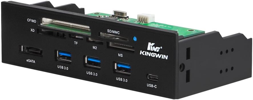 Kingwin Powered USB Hub 3.0 w/ 1 USB-C Port, SD Card Reader & Micro SD Card Reader - Sata Power Port w/Lightning Speed Data Transfer Up to 5Gbps - 5.25" Computer Case Front Bay, black (KW525-3U3CR)