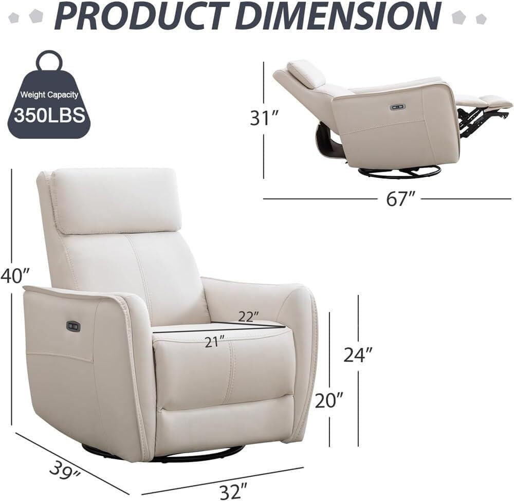 Power Recliner Chair with USB Port, Beige Leather Glider Rocker Swivel Reclining Lounge Chair, Electric Recliner for Living Room Home Theater Nursery Comfortable Seating
