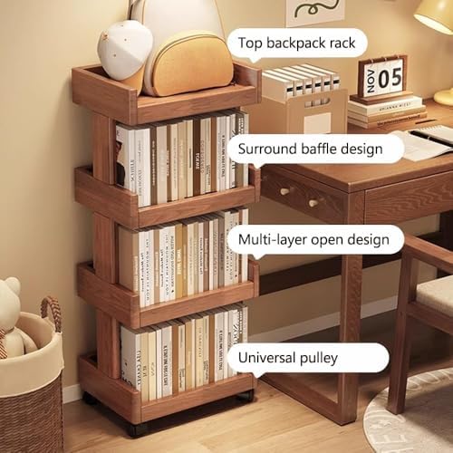 Mobile Small Wood Book Shelf with Wheels - Narrow Corner Bookcase, Modern Floor Standing Storage Shelves for Living Room, Creative Design (17.7"x12.6"x40.9")