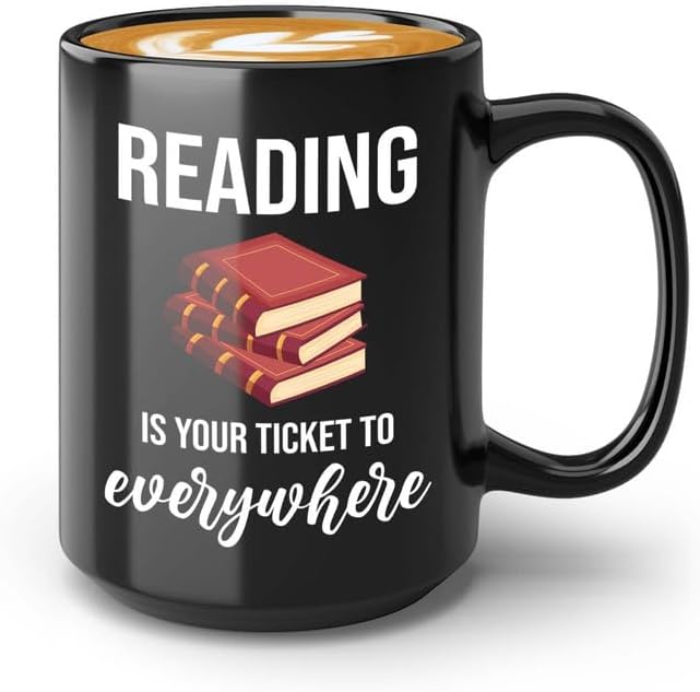 Bookish Coffee Mug 15oz Black -Reading ticket to everywhere - Novel enthusiast Book Club Librarian Book Lover Writer Reader Bibliophile
