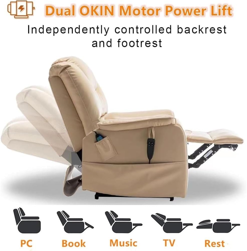 Dual Motor Electric Oversized Lift Recliner Chair with Heat and Massage Heavy Duty Lay Flat 180 Degree Power Reclining Sofa Chairs for Elderly Living Room