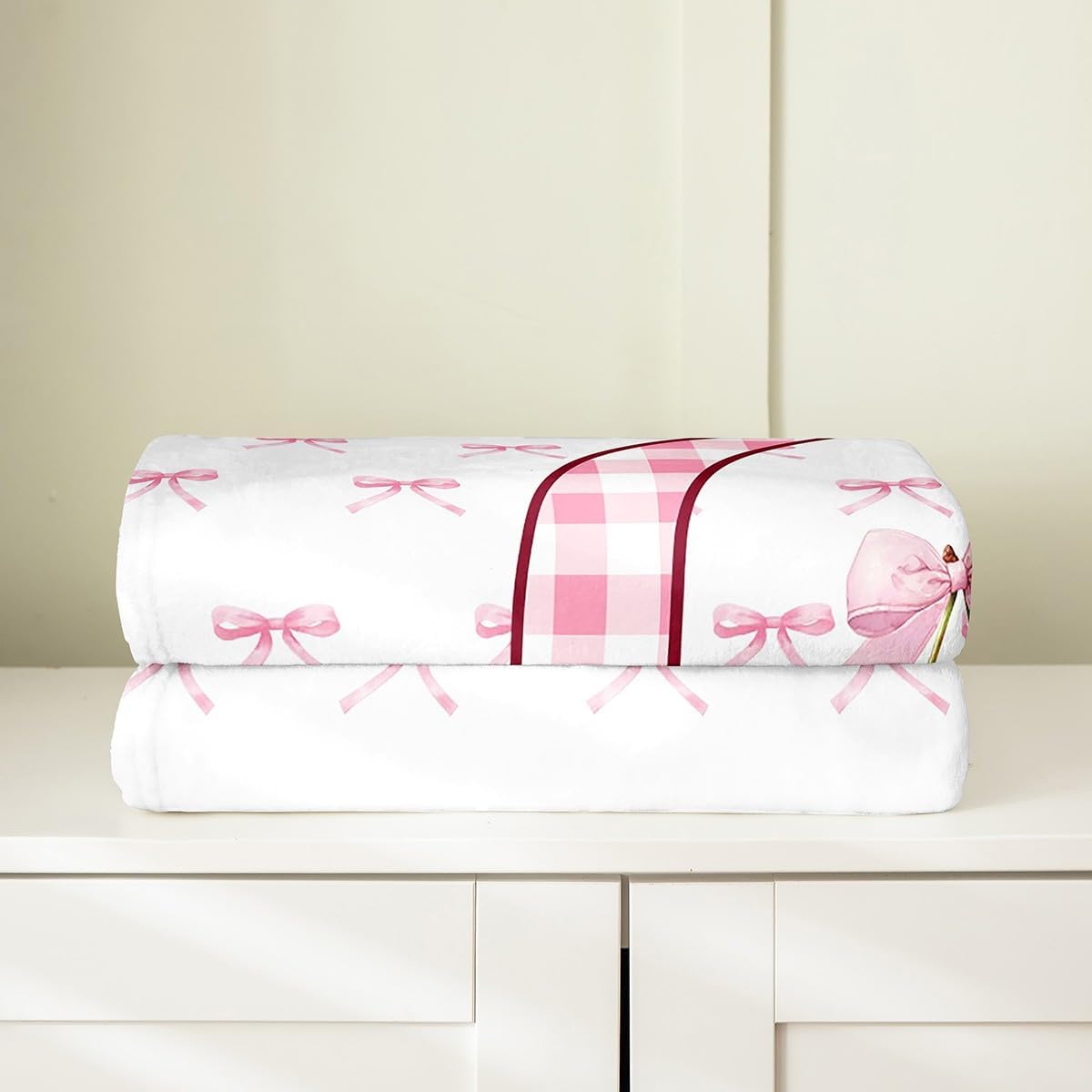 Erosebridal Cartoon Bowknot Flannel Blanket 40x50 Initial C Letter Fuzzy Plush Throw for Sofa Couch Princess Coquette Decor Fleece Blanket Buffalo Plaid Cherry Monogrammed Pattern