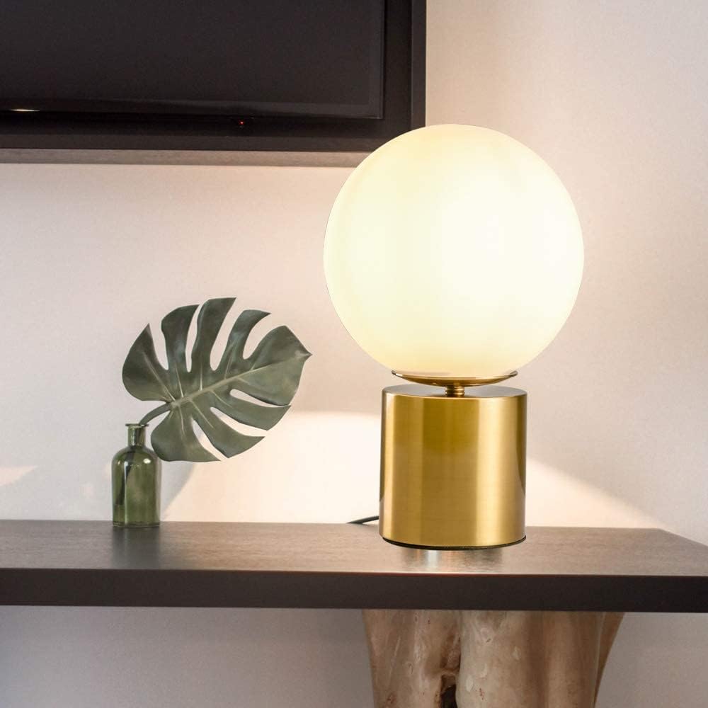 11 Inch Modern Gold Globe Table Lamp,Vintage Mid Century Round Table Lamp with White Glass Shade Metal Base for Bedroom Bedside Lamp Living Room End Table