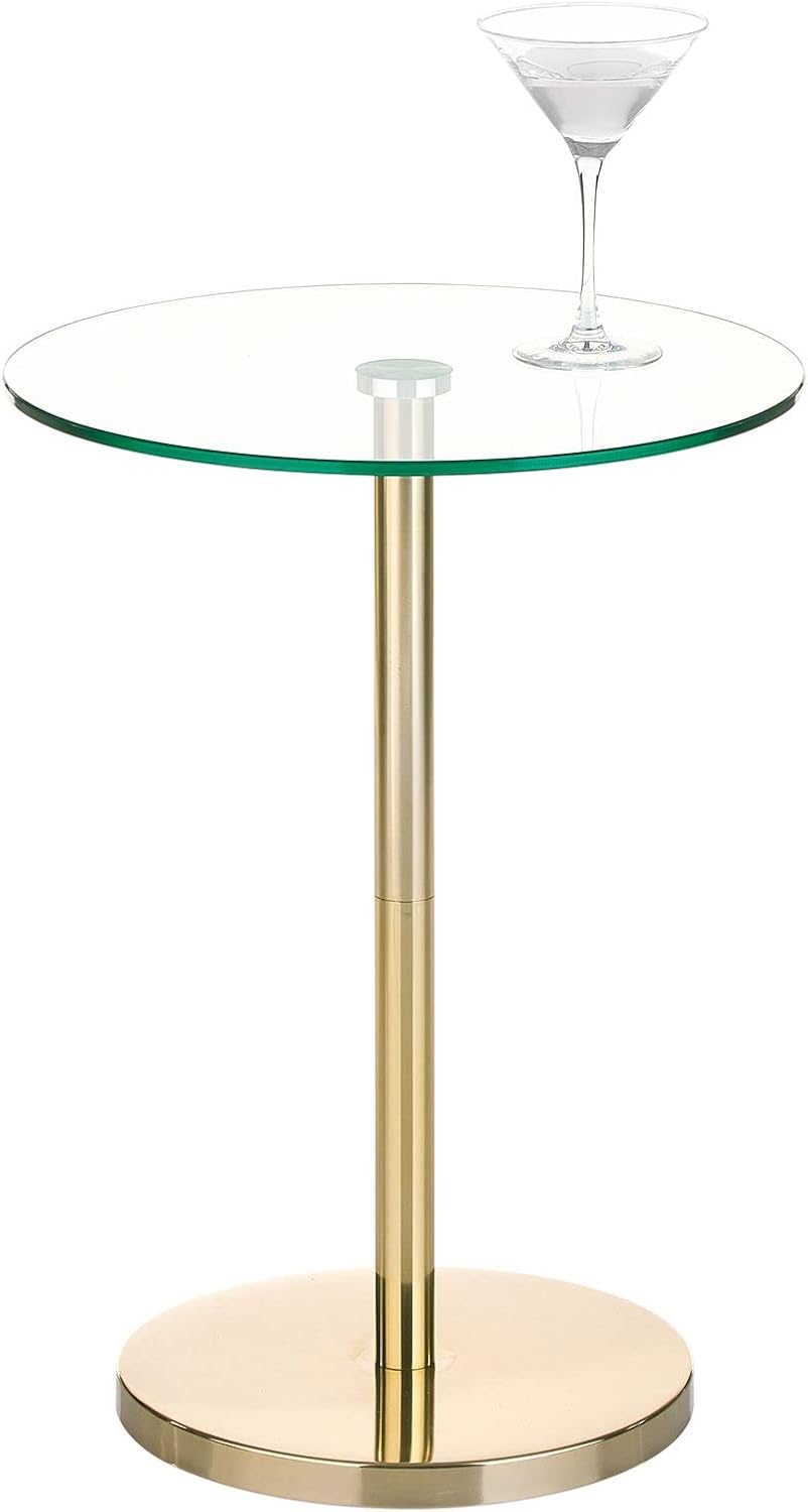 mDesign Glass Top Side/End Drink Table - Tall Modern Round Accent Metal Nightstand Furniture for Living Room, Dorm, Home Office, and Bedroom - 16" Round - Clear/Soft Brass