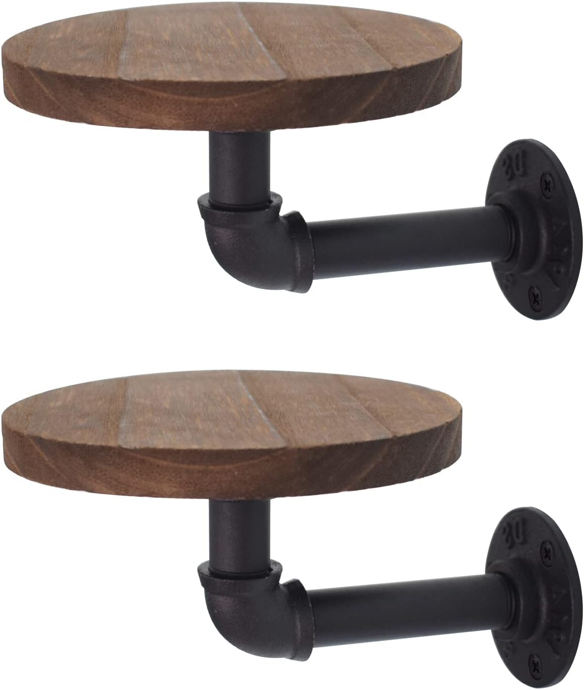 5.9inch Wall Mounted Floating Shelves Round Display Rack with Metal Industrial Pipe Brackets, Rustic Wood Shelving for Bedroom, Bathroom, Living Room, Kitchen, Set of 2