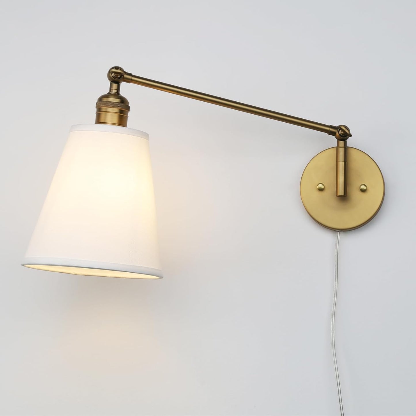 PERMO Retro Swing Arm Wall Sconce Plug in Wall Lamp Single Sconce Light Fixture with White Fabric Shade for Bedroom Living Room Home Office