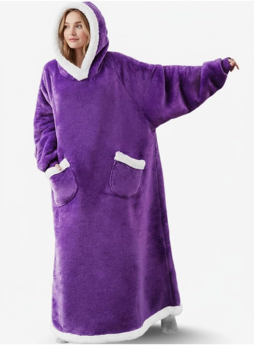 5FT Oversized Wearable Blanket Hoodie Flannel Sherpa Fleece Warm Cozy Christmas Wrap Throw Gifts for Adult