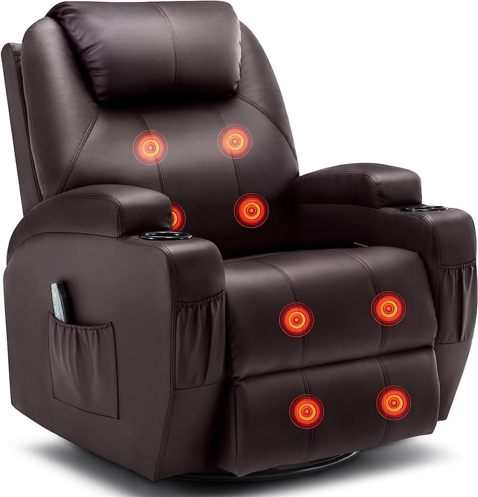 Home Theater 360° Swivel Recliner Chair with Heated Massage, Rocker Recliner with Remote Control & Cup Holder, Lazy Boy Lounge Chair for Adults, Living Room & Bedroom
