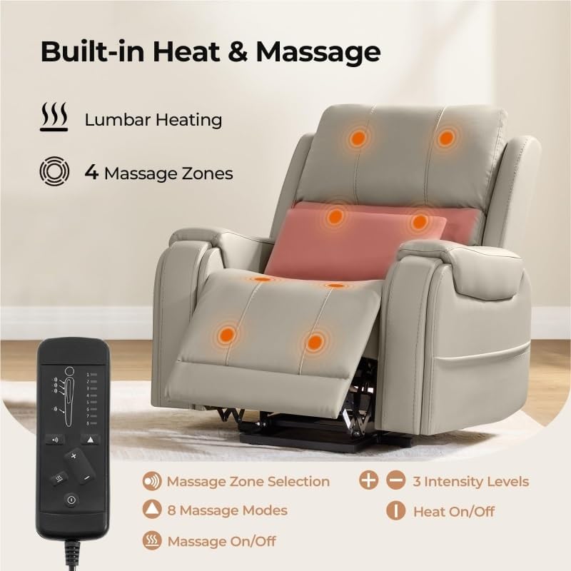 Power Lifting Recliner Chair with Heat and Massage Genuine Leather Electric Lift Chairs Cup Holder Removable Lumbar Pillow for Living Room Bedroom