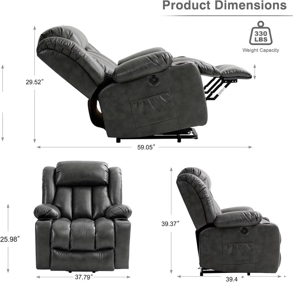 Oversized Power Lift Recliner Chair for Elderly with Heat and Massage, Large Leather Lift Chair with Cup Holders, USB Ports, and Infinite Position for Living Room