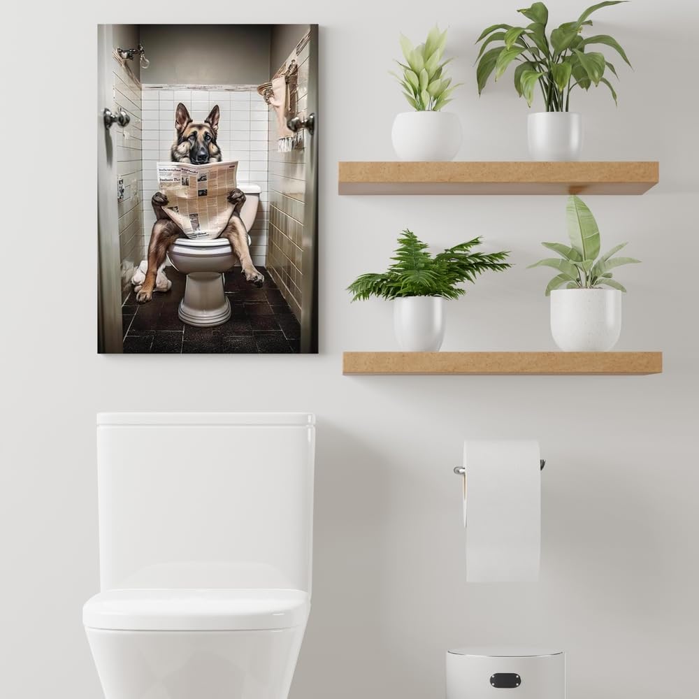 Funny Dog Bathroom Wall Decor German Shepherd Dog On Toilet Reading Newspaper Aesthetic Posters Cute Dog Art Prints Bathroom Art Bathroom Decor Bathroom Pictures Gift for Dog Lovers 16"x24"