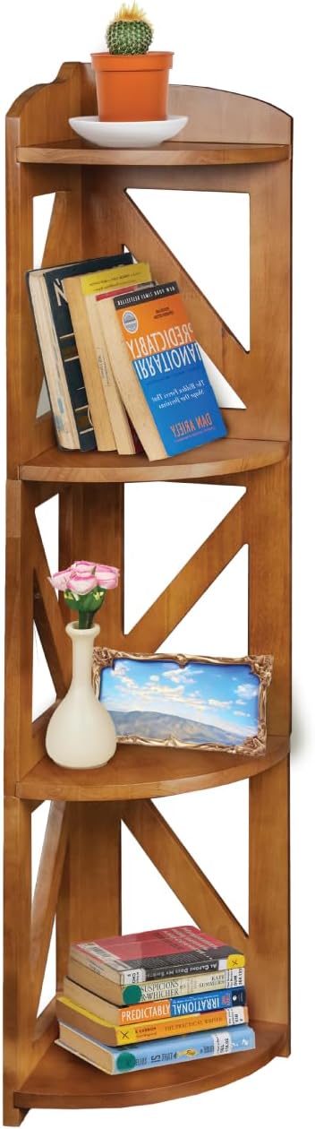 Corner Shelf Stand, Corner Bookshelf, Small Corner Shelves by Natural Wood, Plant Stand, Corner Bookcase for Living Room, Home Office, Bedroom, (White, 3 Tier) (Brown, 4 Tier)