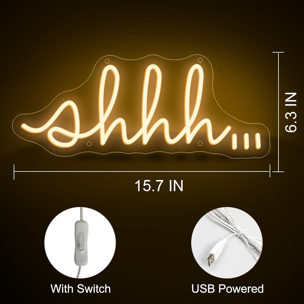 YYUAN Shhh Neon Signs for Wall Decor, Led Neon Light Sign for Bedroom Kids Room Office Library Reading Room Dorm Art Wall Decor USB Powered Light Up Acrylic Neon Signs for Bedroom