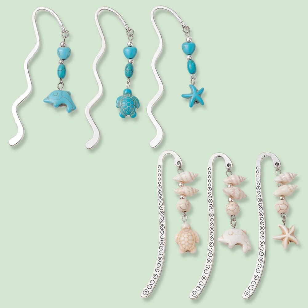 CRASPIRE 6Pcs Ocean Metal Bookmarks Starfish Dolphin Turtle Alloy Wave Shaped Vintage Summer Antique Silver Turquoise Beads Gemstone Beading Pendant Tassel for Book Lovers Teacher Student Birthday