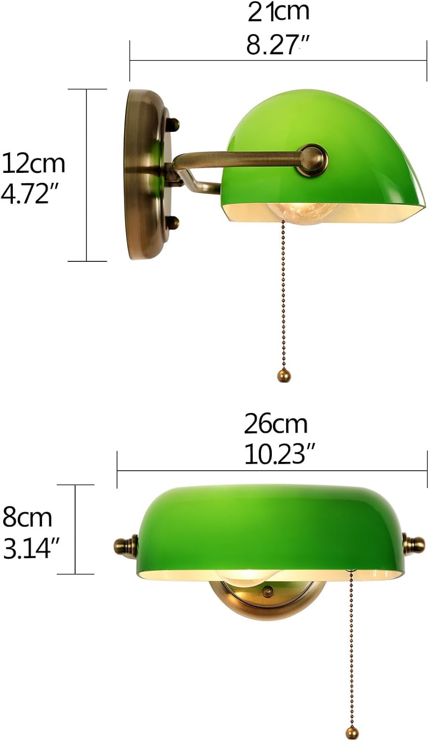 FIRVRE Vintage Wall Sconces with Bankers Lamp Shade, Indoor sconces Wall Lighting with Retro Pull Chain Switch for Bedroom Corridor Library