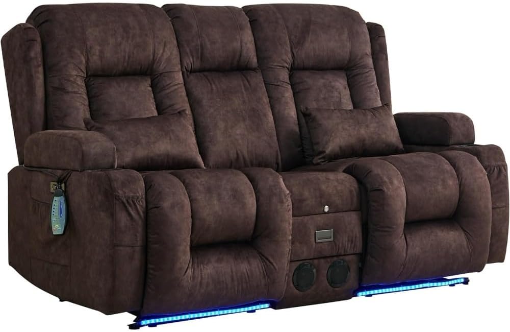 Adults Massage Recliner Chair, Leisure Home Theater Seating Sofa with Massage and Heated, Ergonomic Leisure Chair Classic Loveseat Sofa with LED Lights, Cup Holder, USB Ports