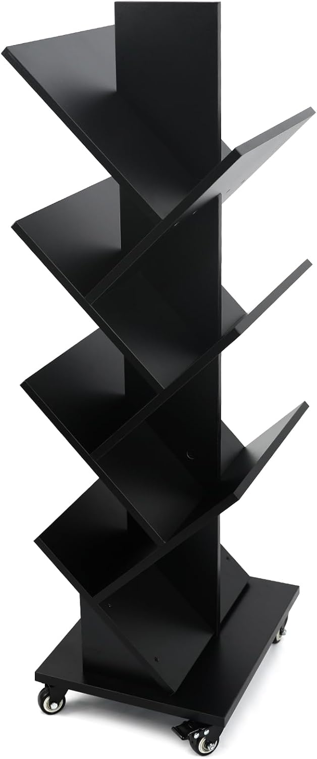 Homaterial 360°Rotating Tree Bookshelf - 7 Tier Space Saving Bookshelf, Corner Shelf for Small Spaces Black