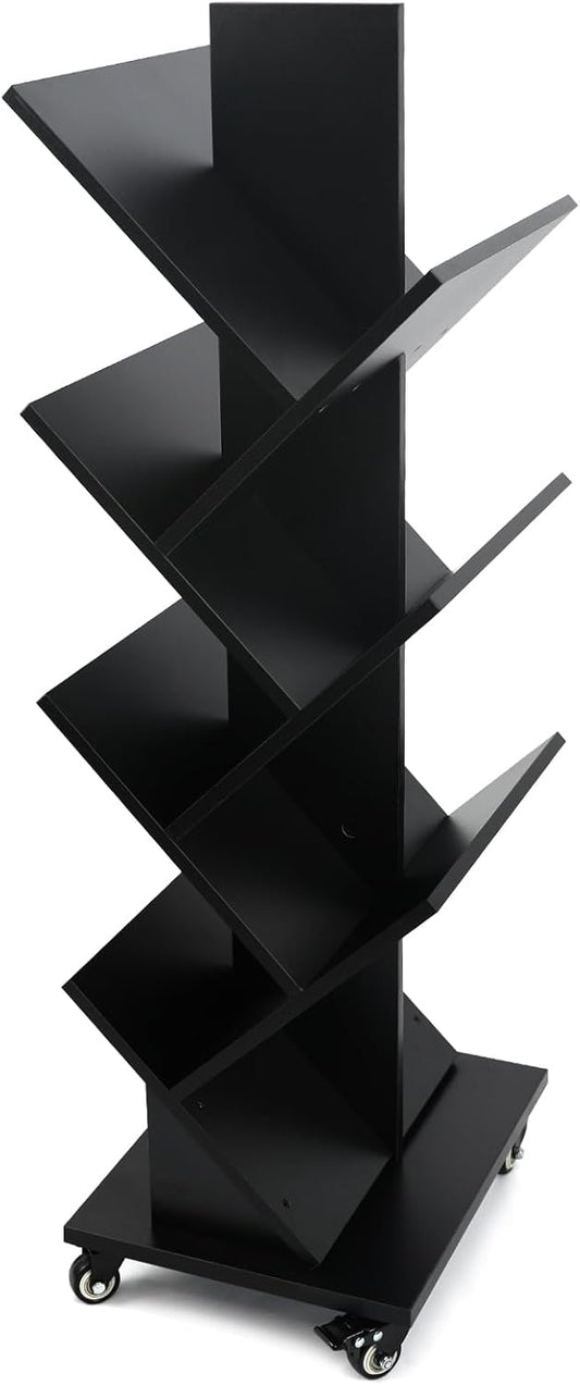 Homaterial 360°Rotating Tree Bookshelf - 7 Tier Space Saving Bookshelf, Corner Shelf for Small Spaces Black