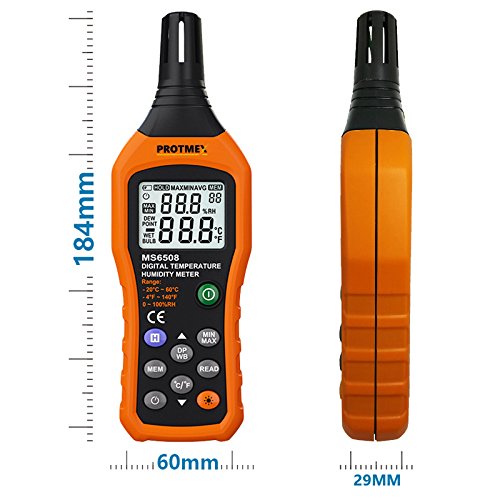 Protmex PT6508 Temperature Humidity Meter, Digital Thermometer Hygrometer Monitor with Ambient, Dew Point, Wet Bulb for Indoor/Outdoor MIN, MAX, Data Hold, LCD Backlight