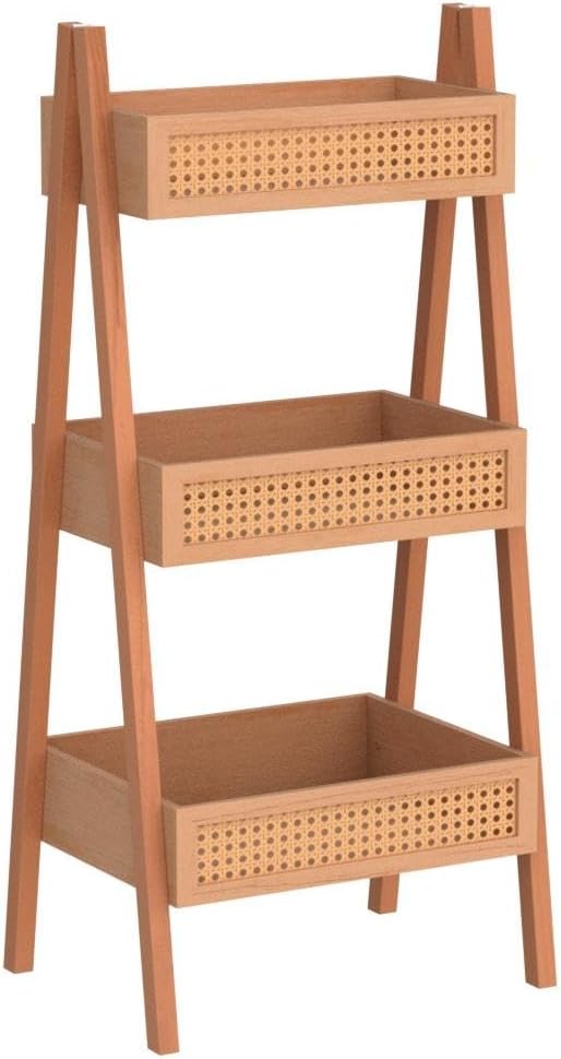 ZYBT Ladder Bookshelf, 3-Tier Rattan Bookshelf, Free Standing Bookcase, Blanket Ladder, Wood Organizer Storage Shelves for Living Room Bedroom Kitchen Balcony and Home Office