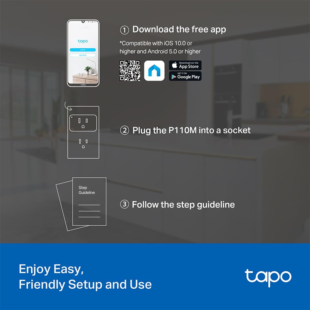TP-Link Tapo Smart Plug Mini, Matter Compatible, Compatible with Alexa, Google Home & Samsung SmartThings, Energy Monitoring, 15A, UL Certified, 2.4G Wi-Fi Only, Tapo P110M(4-Pack)
