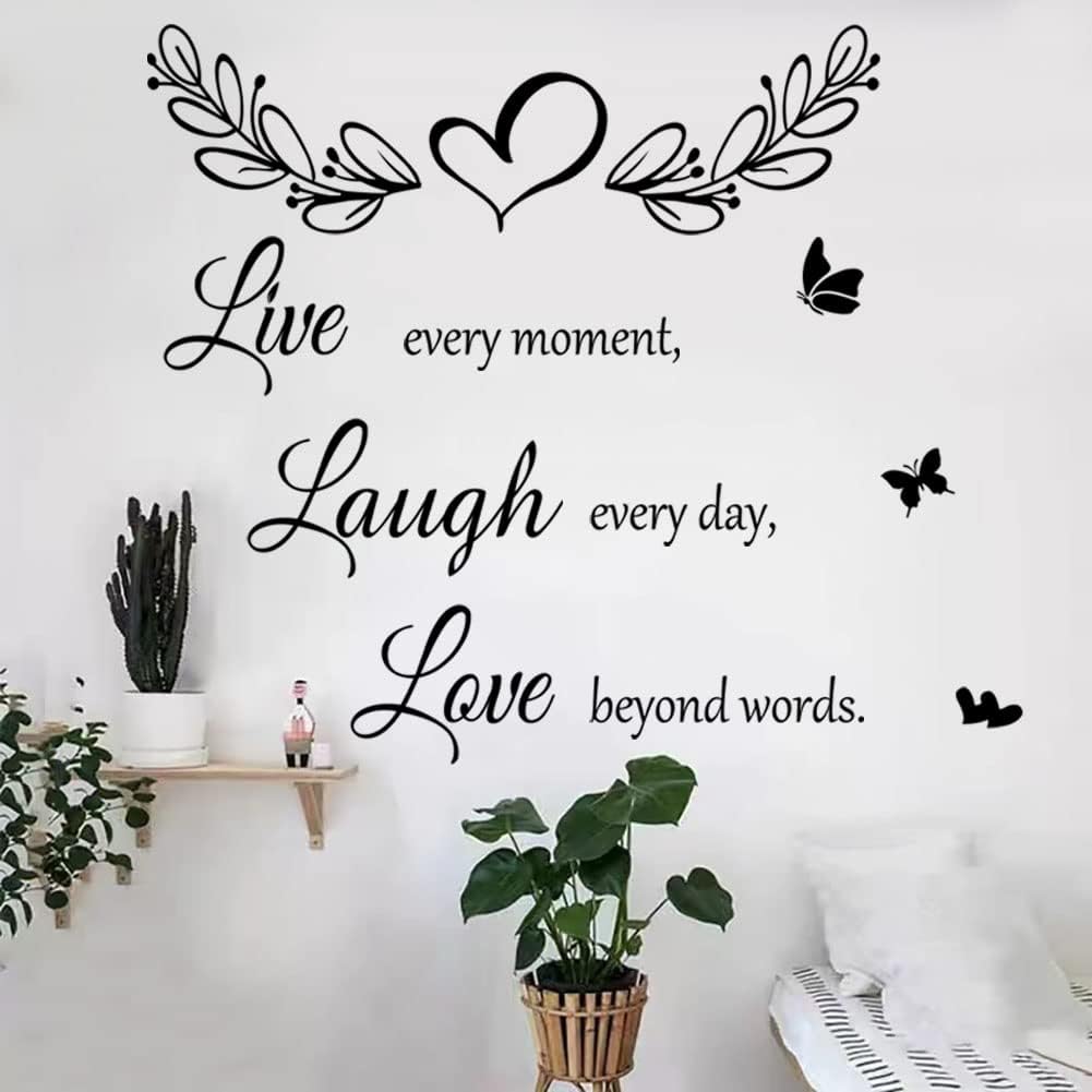 Family Inspirational Quotes Vinyl Wall Decal Quote Live Every Moment Laugh Every Day Love Beyond Words Wall Sticker Motivational Wall Stickers for Bedroom Living Room Window Decor Home Decor