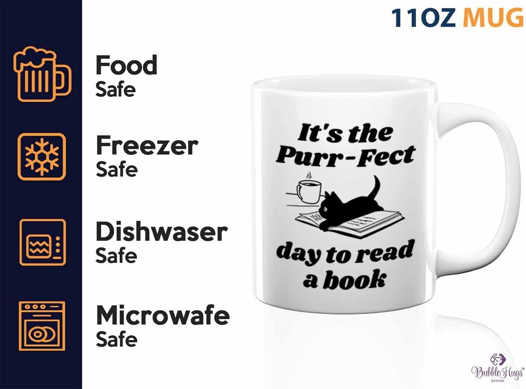 Reading Coffee Mug 11oz White - Purr-fect Day Read a Book - Reader Gift Bookworm Owl Lover Cat Lover Book Lover Novelist Librarian Writer