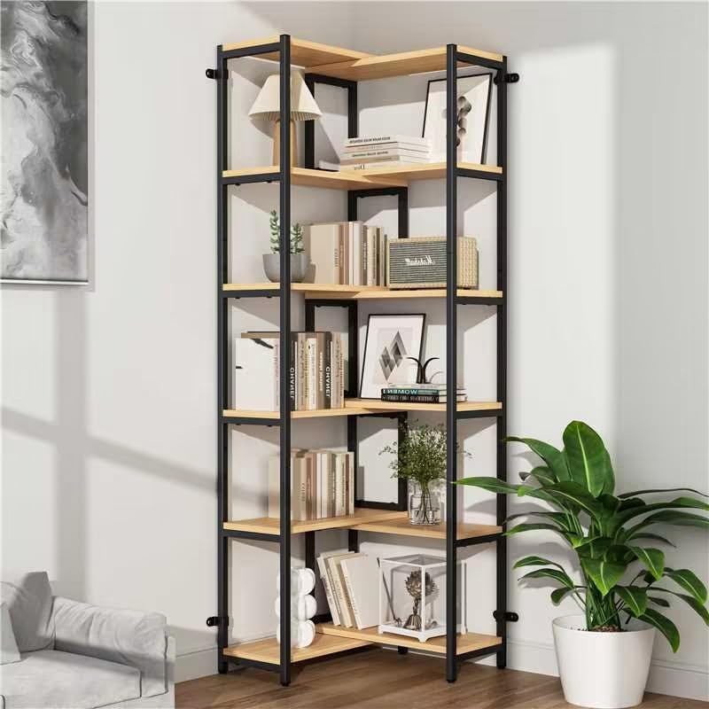 6 Tier Corner Shelf/Bookshelf, Deformable L Shaped Bookcase, Modern Tall Storage Display Rack with Sturdy Metal Frame for Home Office (Light Natural Wood Color)