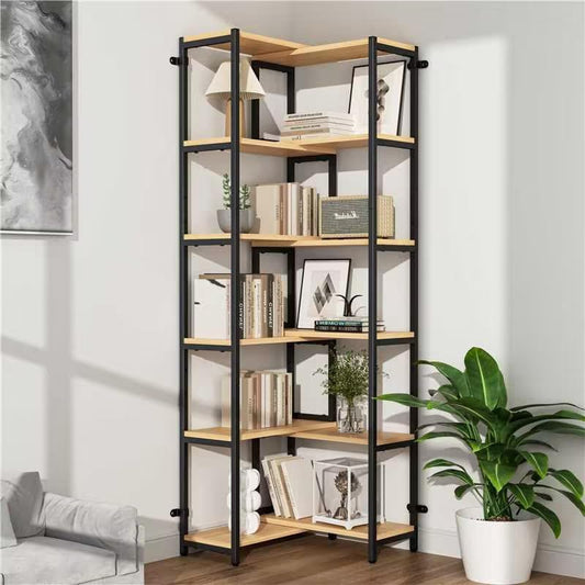 6 Tier Corner Shelf/Bookshelf, Deformable L Shaped Bookcase, Modern Tall Storage Display Rack with Sturdy Metal Frame for Home Office (Light Natural Wood Color)