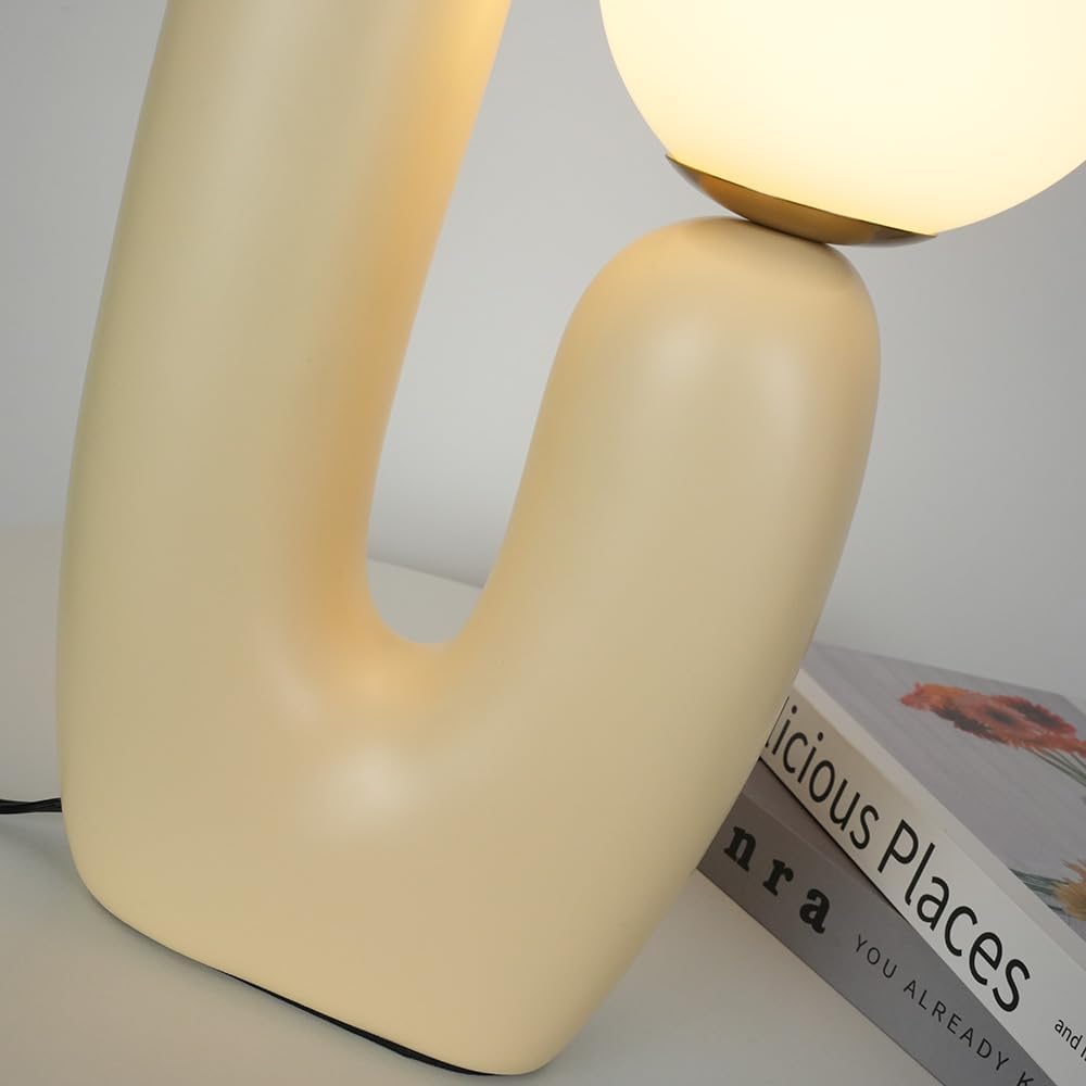 Meefad Modern Bedside Lamp, 2 Lights Table Lamp with Glass Shade, Globe Night Light for Bedroom Reading Nightstand, Beige
