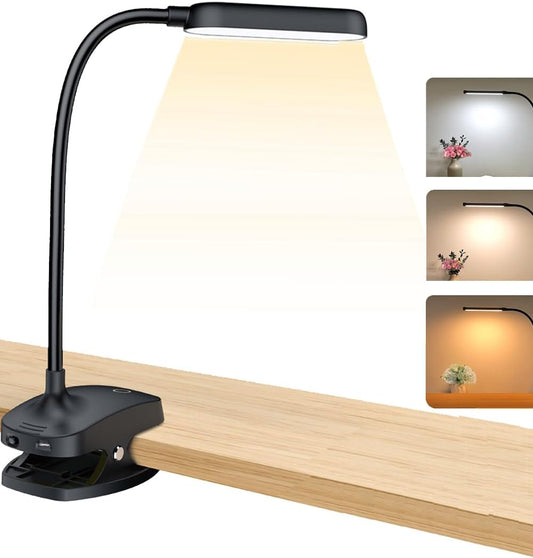 COLORLIFE Desk Lamp Clip On Light-7W 2600mAH Flexible Gooseneck Battery Operated Rechargeable Reading Lamp with Clamp & Stepless Brightness for Desk,Piano,Bed Headboard and Computers