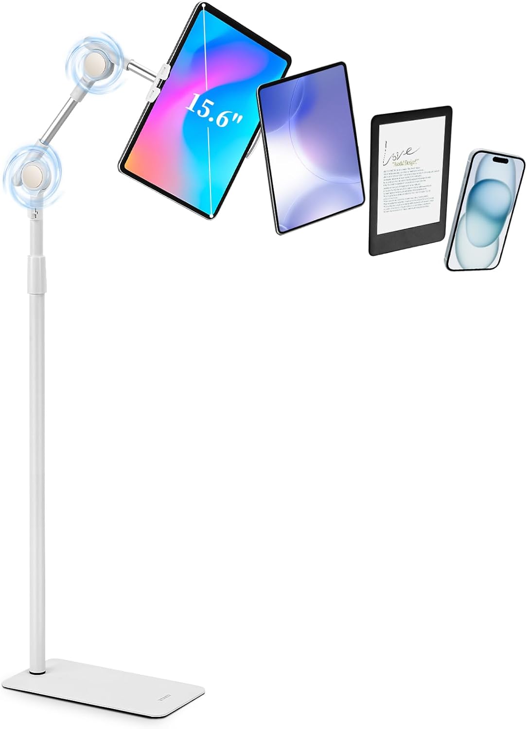 SHUWEI Tablet Floor Stand with Double Self-Locking Gears, 63”Height Adjustable iPad Floor Stand with 7.5lb Stable Base, Fits with 4.7-15.6'' iPad, Phone, Monitor (White)