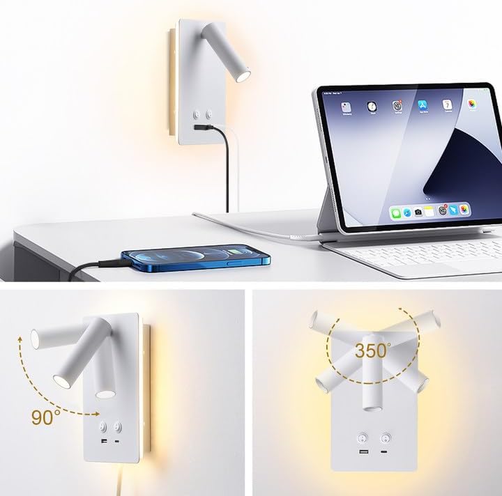 MOLUOLA LED Wall Lamp Wall Mounted Reading Lights, Adjustable Headboard Plug in Wall Sconce with USB C+A Ports, Headboard Bedside Lamp with 9W+3W Night Light 3000K (White)