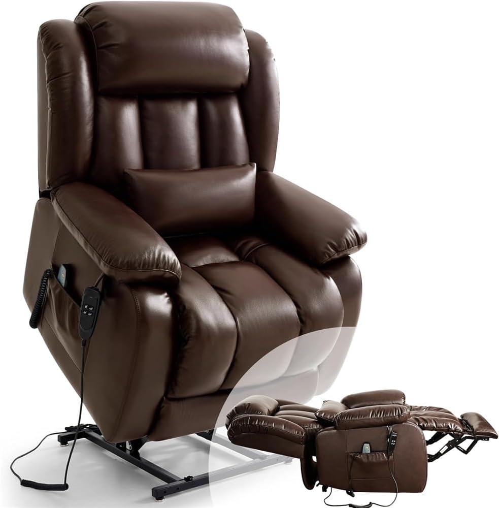 Leather Power Lift Recliner Chair for Elderly, Dual Motor Infinite Position Lay Flat Recliner with Massage & Heat, Extended Footrest, Remote Control, Lumbar Support