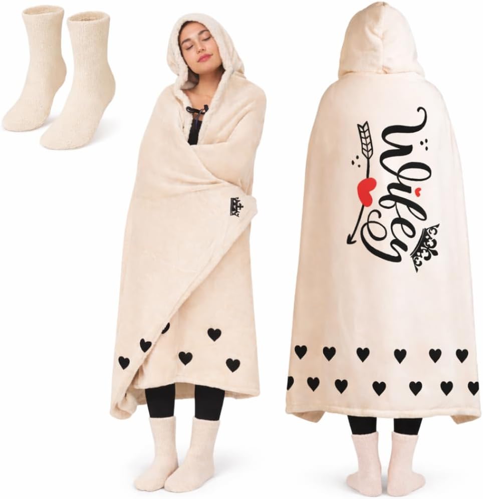 Wife Fleece Wearable Blanket Hoodie with Bonus Cozy Socks – Ultra-Soft Oversized Sherpa Blanket Hoodie